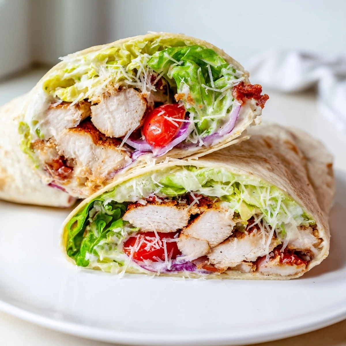 A hearty chicken Caesar wrap with lettuce, Parmesan, and juicy chicken, beautifully presented.