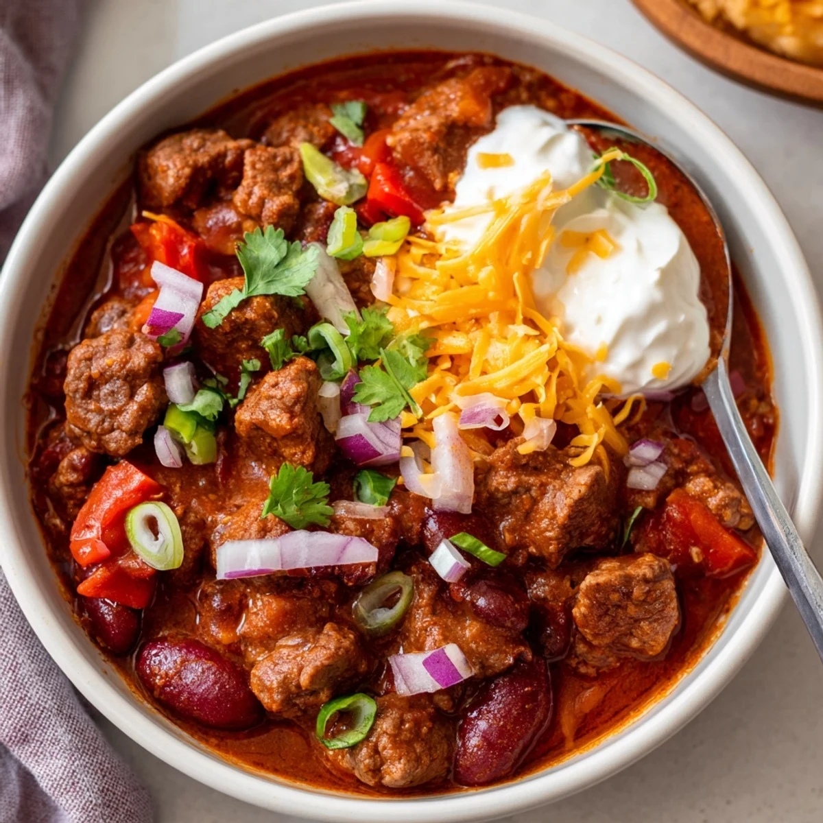 A steaming bowl of Slow Cooker Beef Chili with beans, ready to be topped with cheddar cheese.