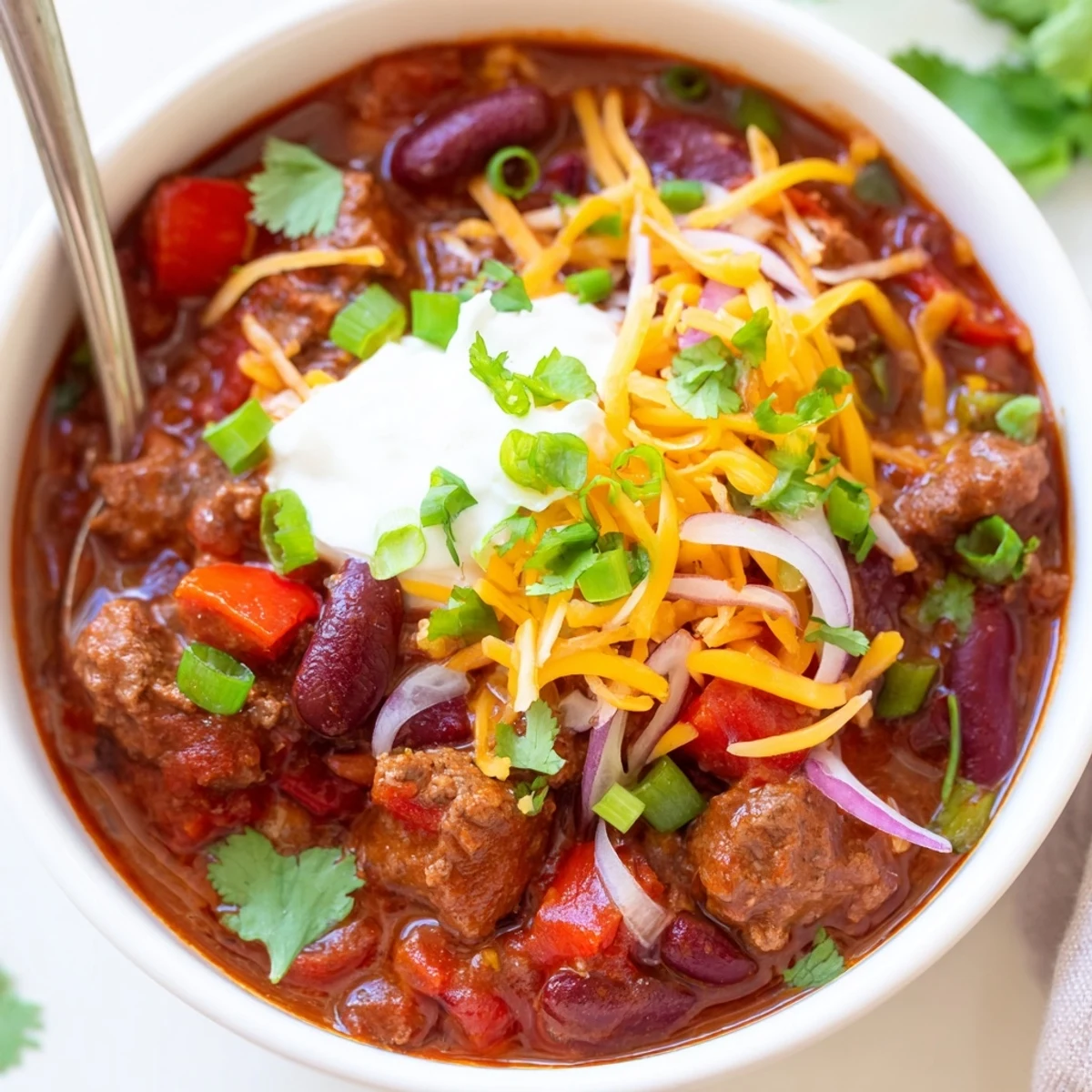 Rich, flavorful Slow Cooker Beef Chili with beans served with fresh cilantro and sour cream.