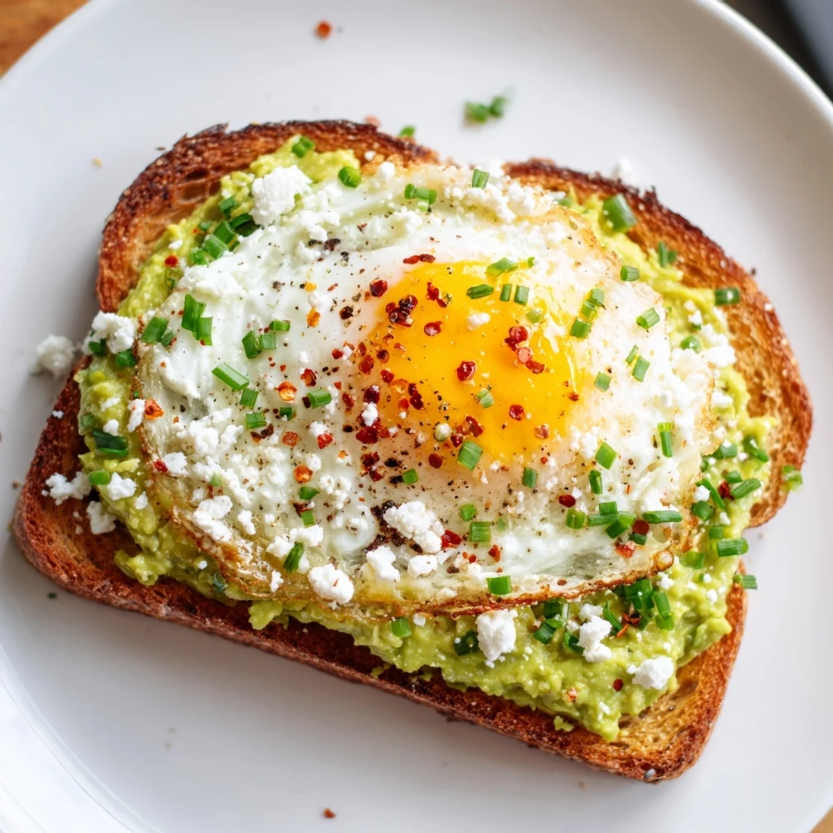 Golden, crispy whole-grain toast layered with creamy green avocado and topped with a sunny-side-up egg and fresh chives.
