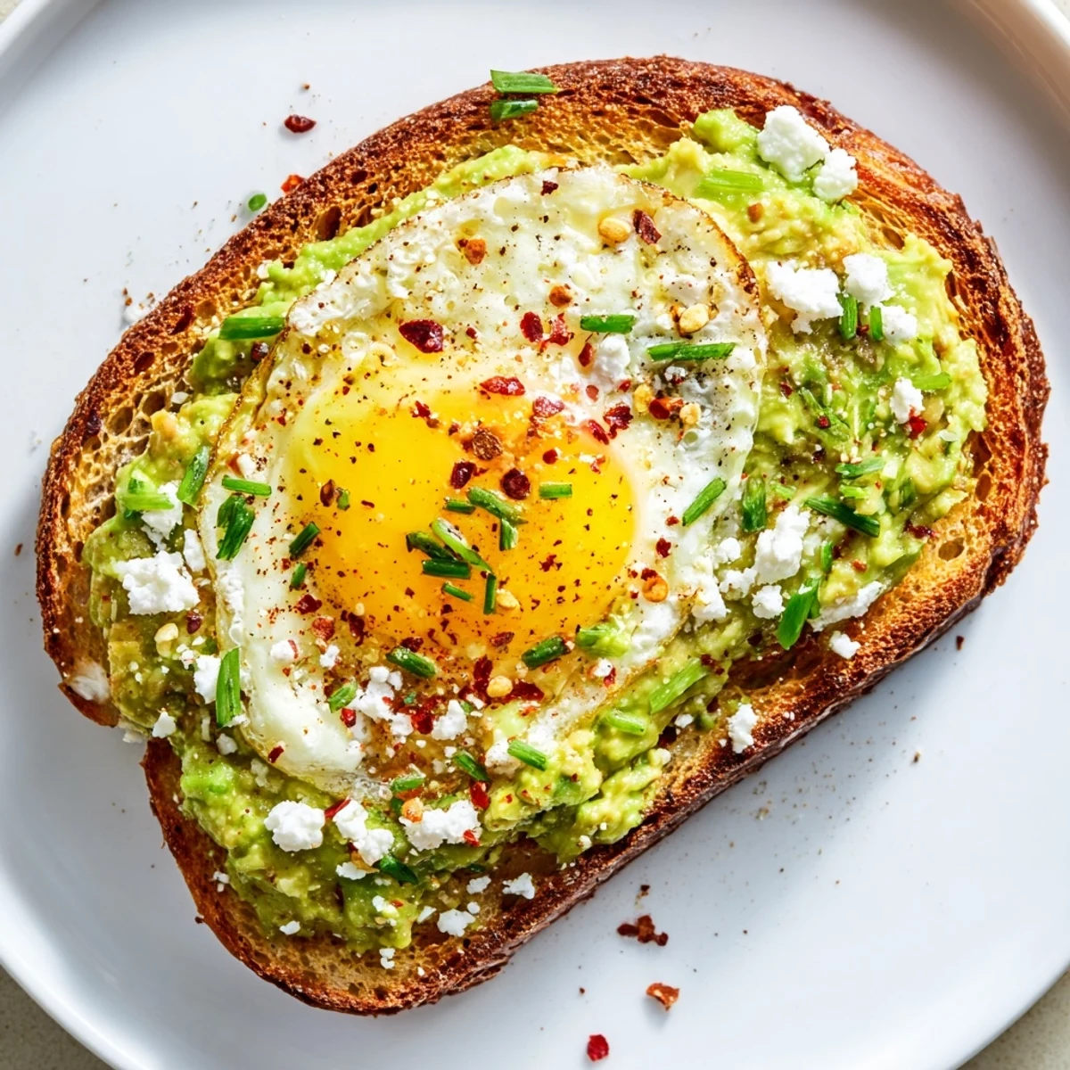 Sliced open, the soft-boiled egg yolk cascades over avocado-spread toast, sprinkled with feta and red pepper flakes.
