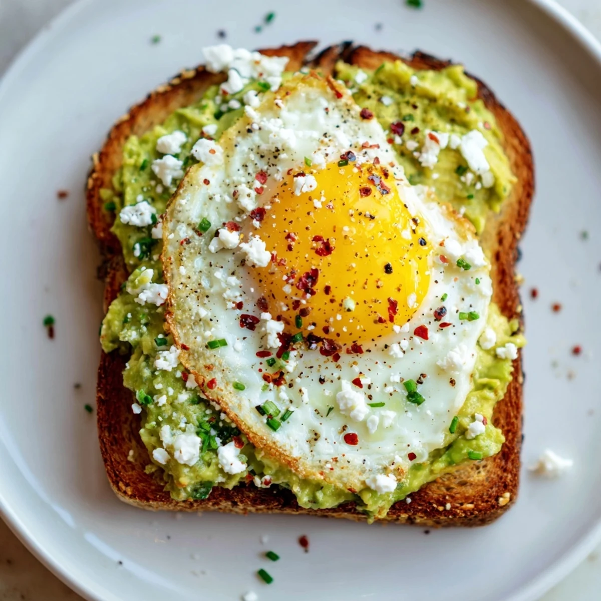 Rustic avocado toast with a poached egg, served on a wooden board with lemon wedges and fresh herbs.