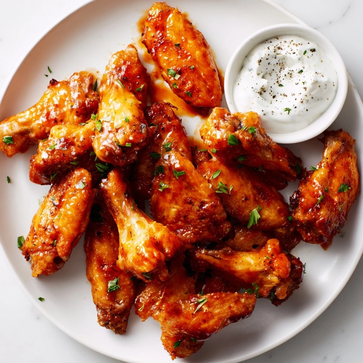 Perfectly crispy Championship Chicken Wings, tossed in tangy hot sauce, paired with cool ranch for a classic game day appetizer.