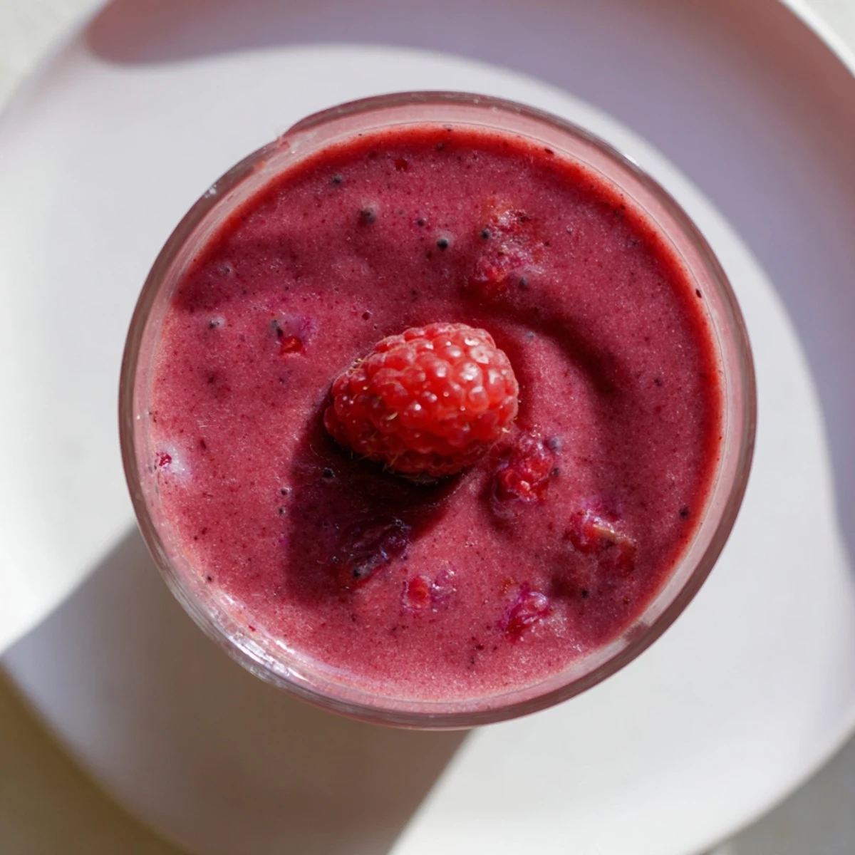 Two glasses of Valentine Red Berry Smoothie topped with raspberries and strawberries beside fresh ingredients on a rustic table.