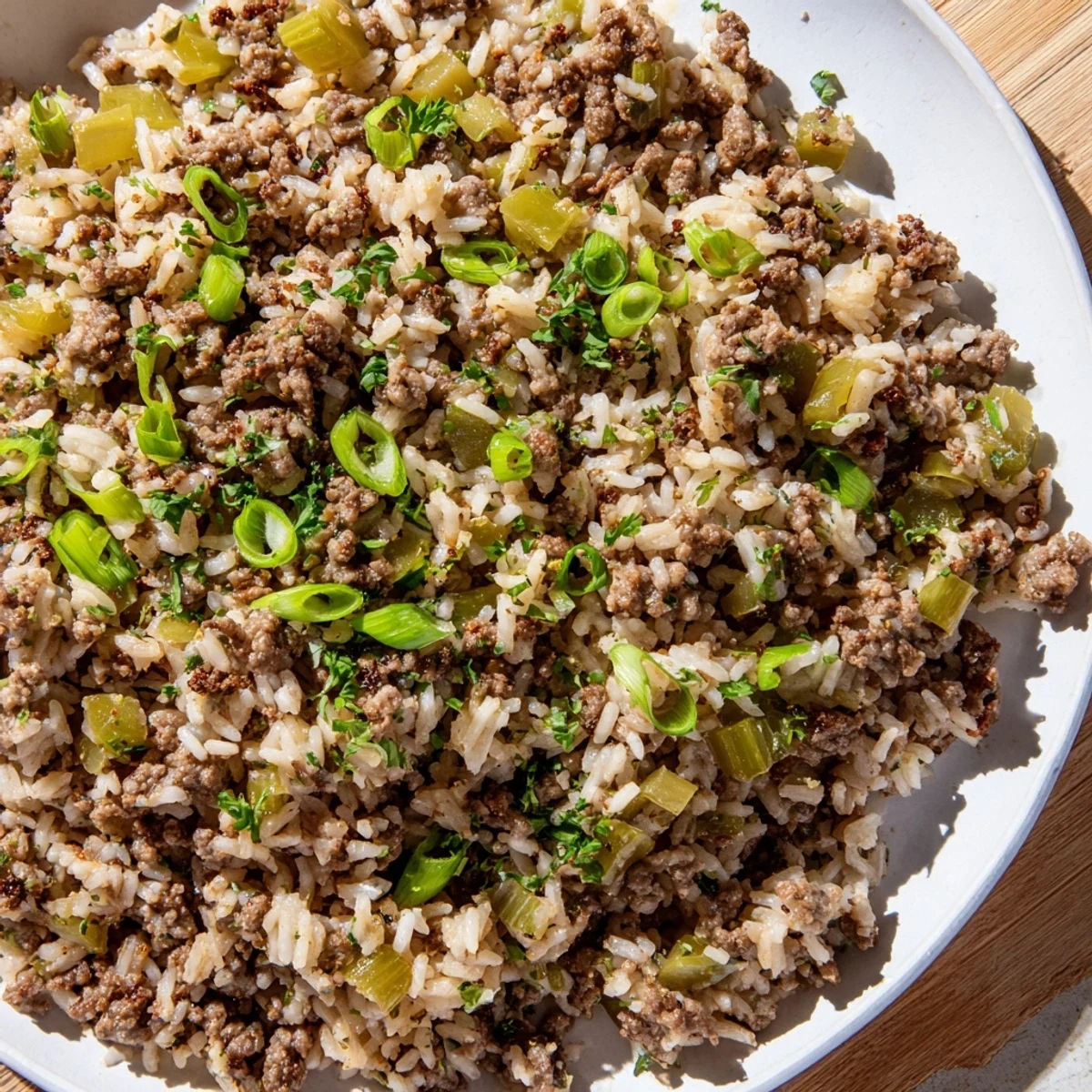 Spoonful of Mardi Gras Dirty Rice with Beef garnished with fresh parsley and green onions, ready to serve as a spicy main dish.