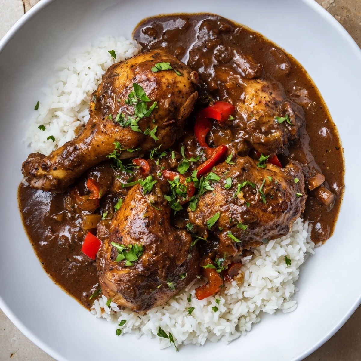 Golden-brown, pan-seared chicken pieces rest in a dark, glossy roux sauce flecked with bell pepper, celery, and onion.