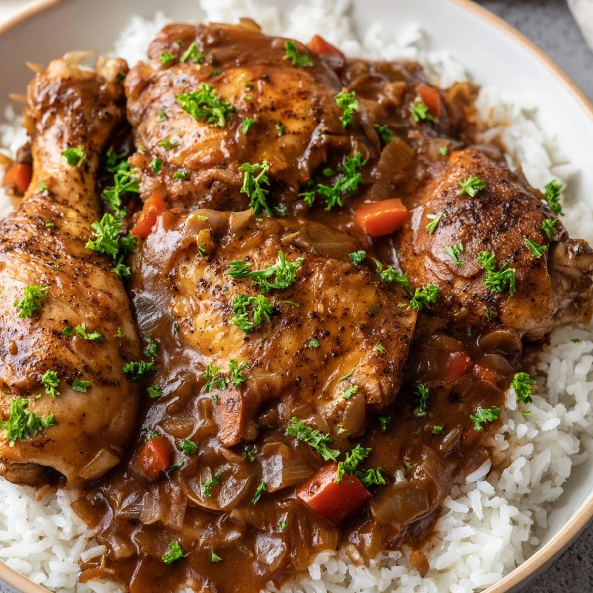 A hearty bowl of Louisiana Style Chicken Fricassee steams beside a fluffy mound of white rice and fresh parsley.