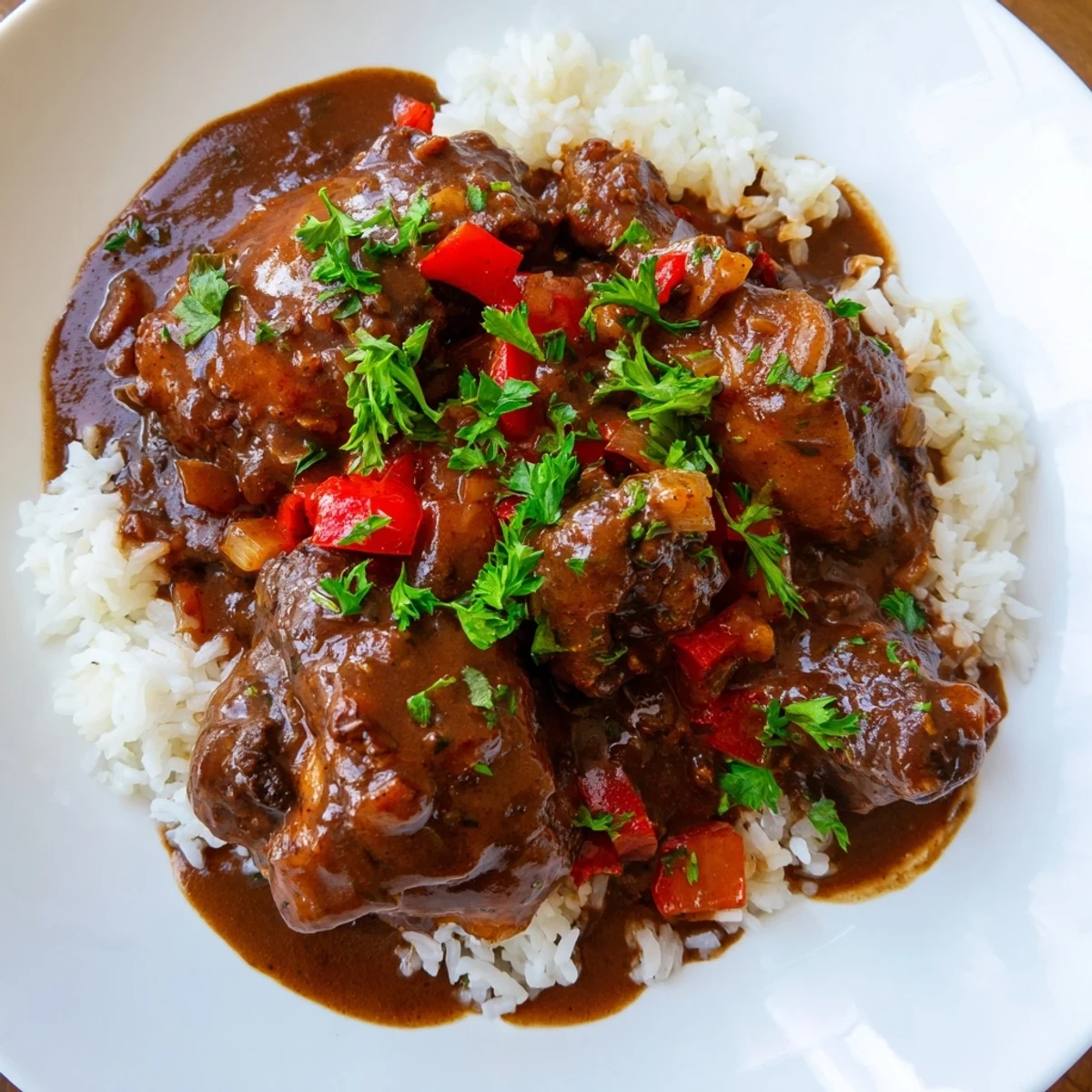 Rich Cajun stew featuring tender chicken simmered in a dark roux with the holy trinity, served over white rice.