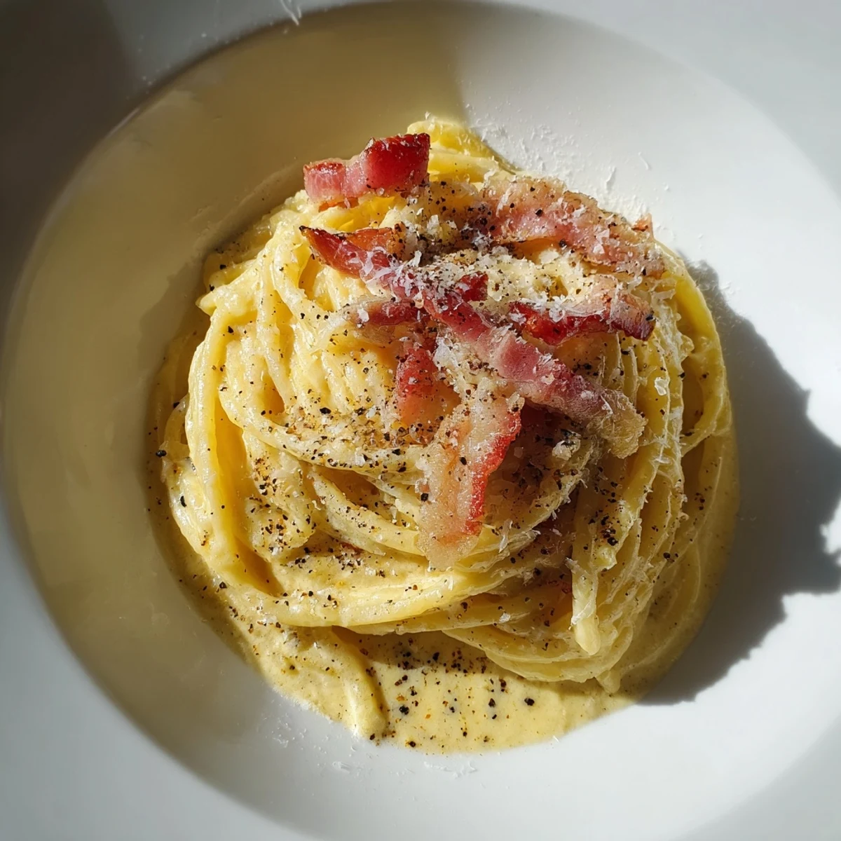 Freshly plated Romantic Pasta Carbonara, rich egg sauce clinging to silky spaghetti with crisp beef bacon garnish