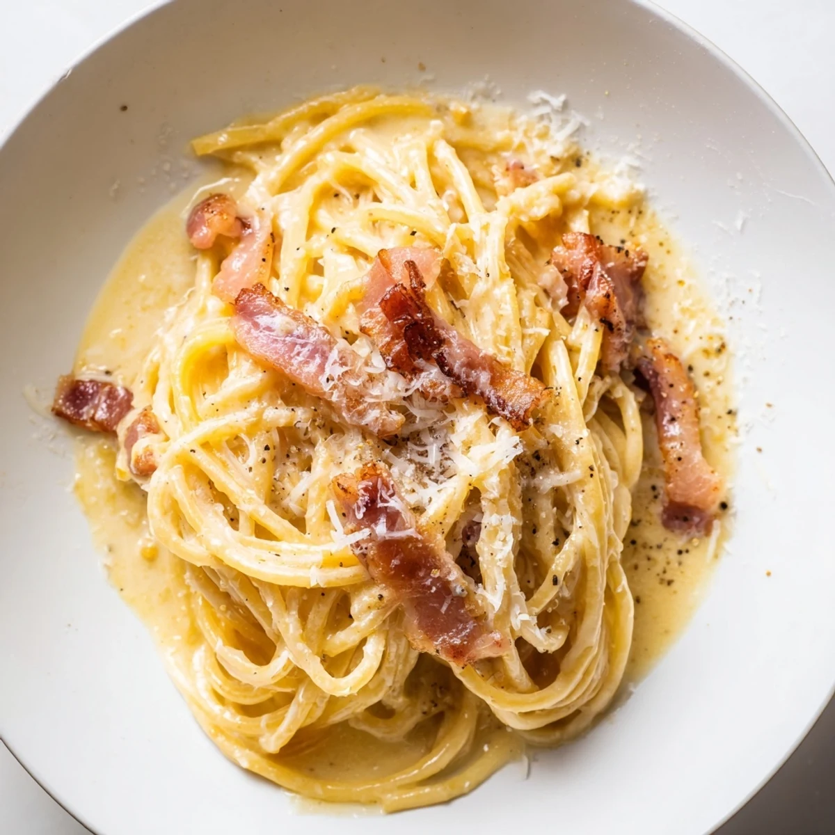 Creamy Romantic Pasta Carbonara with beef bacon, Parmesan, and parsley on a romantic date night plate