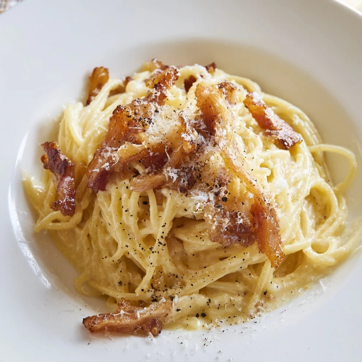 Close-up Romantic Pasta Carbonara showing golden beef bacon, grated Parmesan, and steam rising from creamy sauce