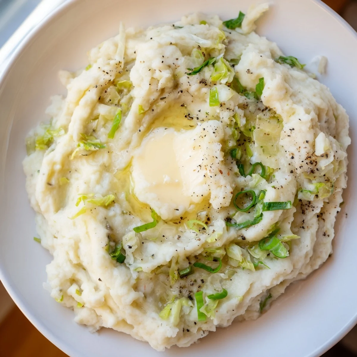 Creamy Irish Cabbage and Potato Mash topped with melted butter and sliced scallions, served warm as a comforting side dish for a St. Patrick's Day feast.