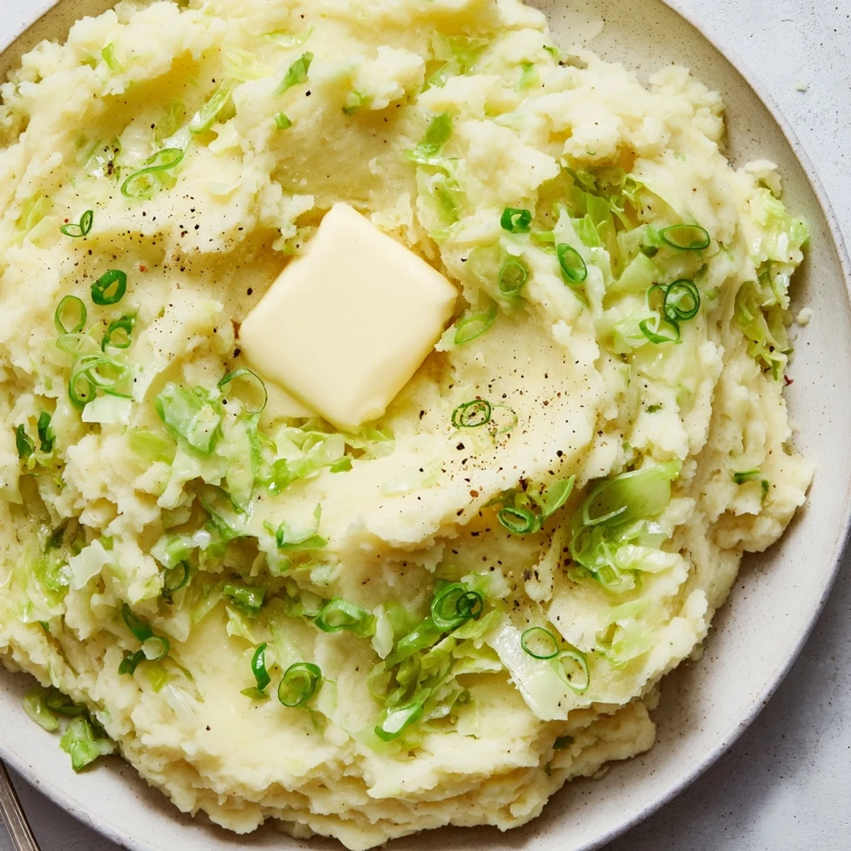 Steam rises from a hearty bowl of Irish Cabbage and Potato Mash garnished with fresh scallions, pairing perfectly with corned beef.