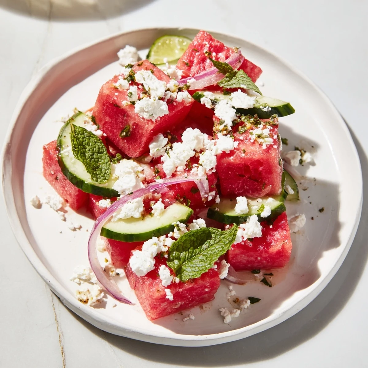 Freshly cubed watermelon and creamy feta glisten in this Pink Watermelon Salad with Feta, topped with vibrant mint.