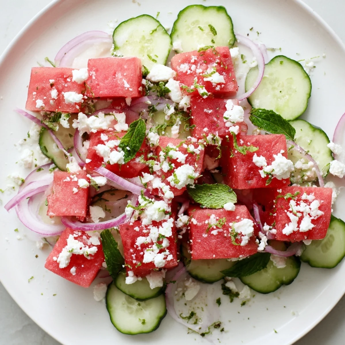 Bright lime dressing is drizzled over the colorful Pink Watermelon Salad with Feta, garnished with fresh mint leaves.