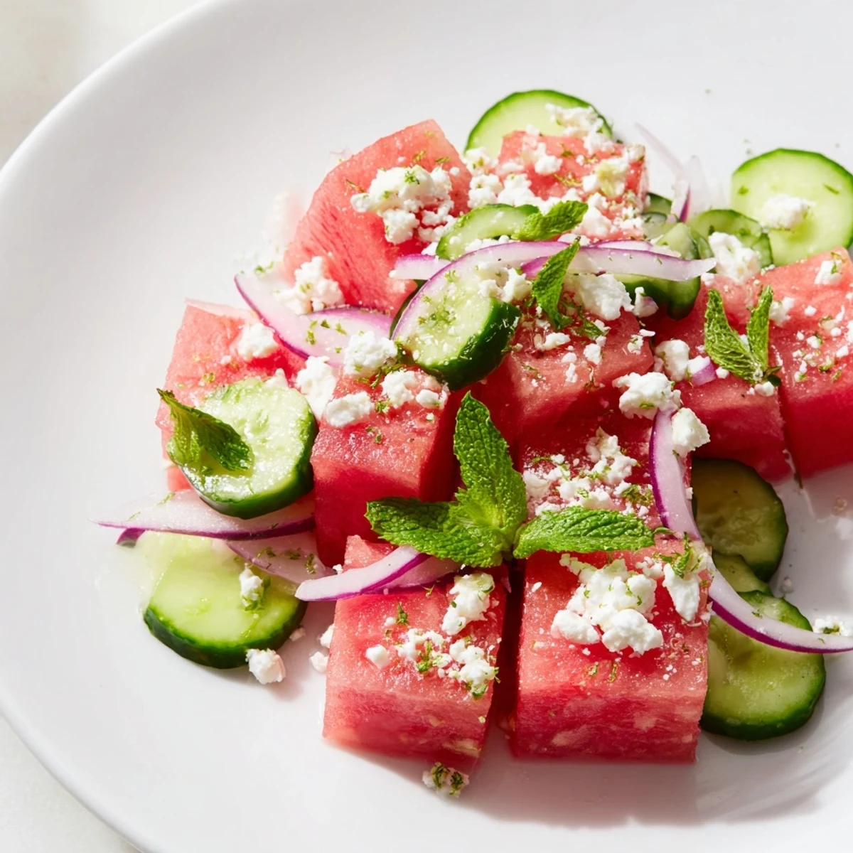 Juicy watermelon chunks mingle with crisp cucumber and crumbled feta in a refreshing Pink Watermelon Salad with Feta.