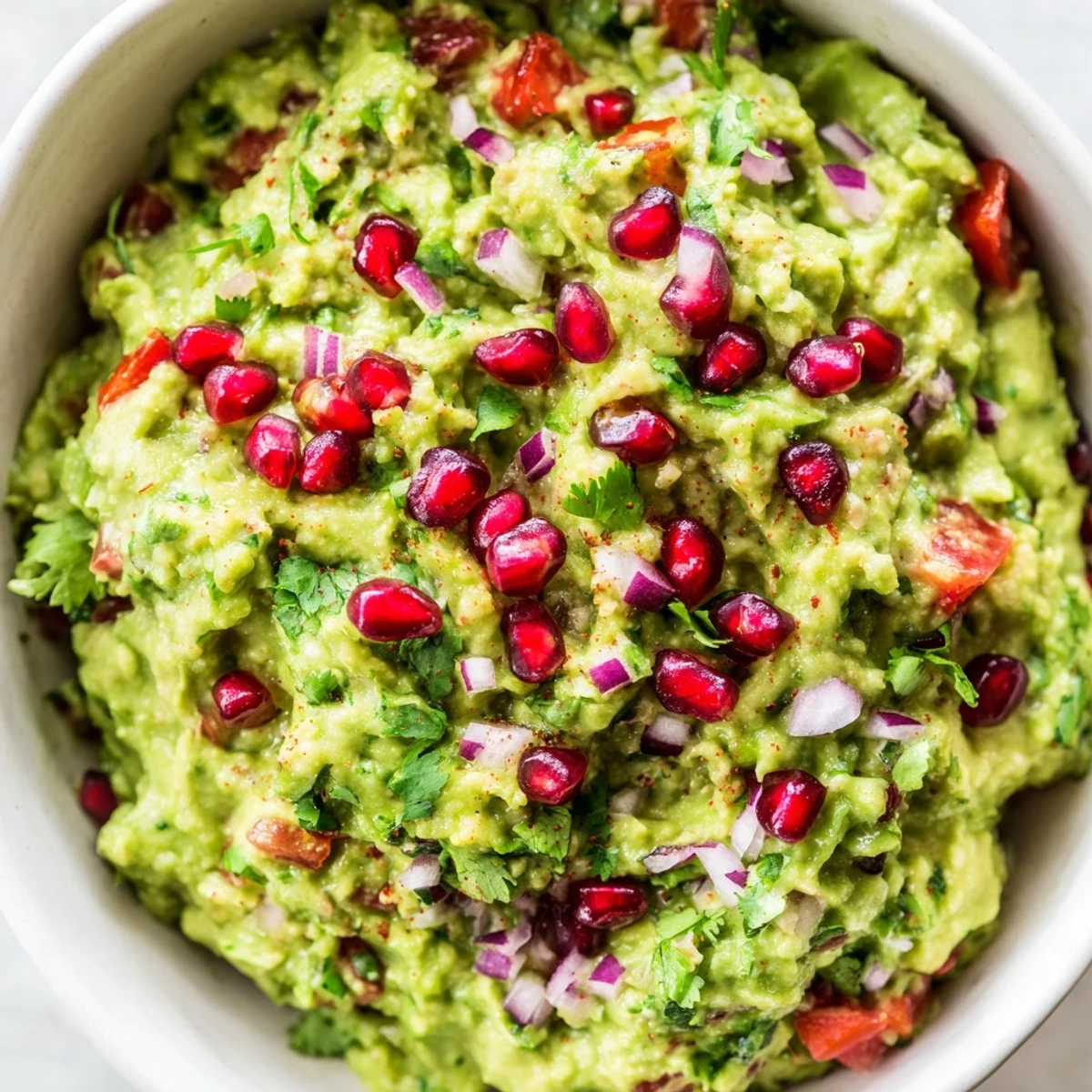 A bowl of Touchdown Spicy Guacamole garnished with fresh cilantro and pomegranate seeds, ready to serve.