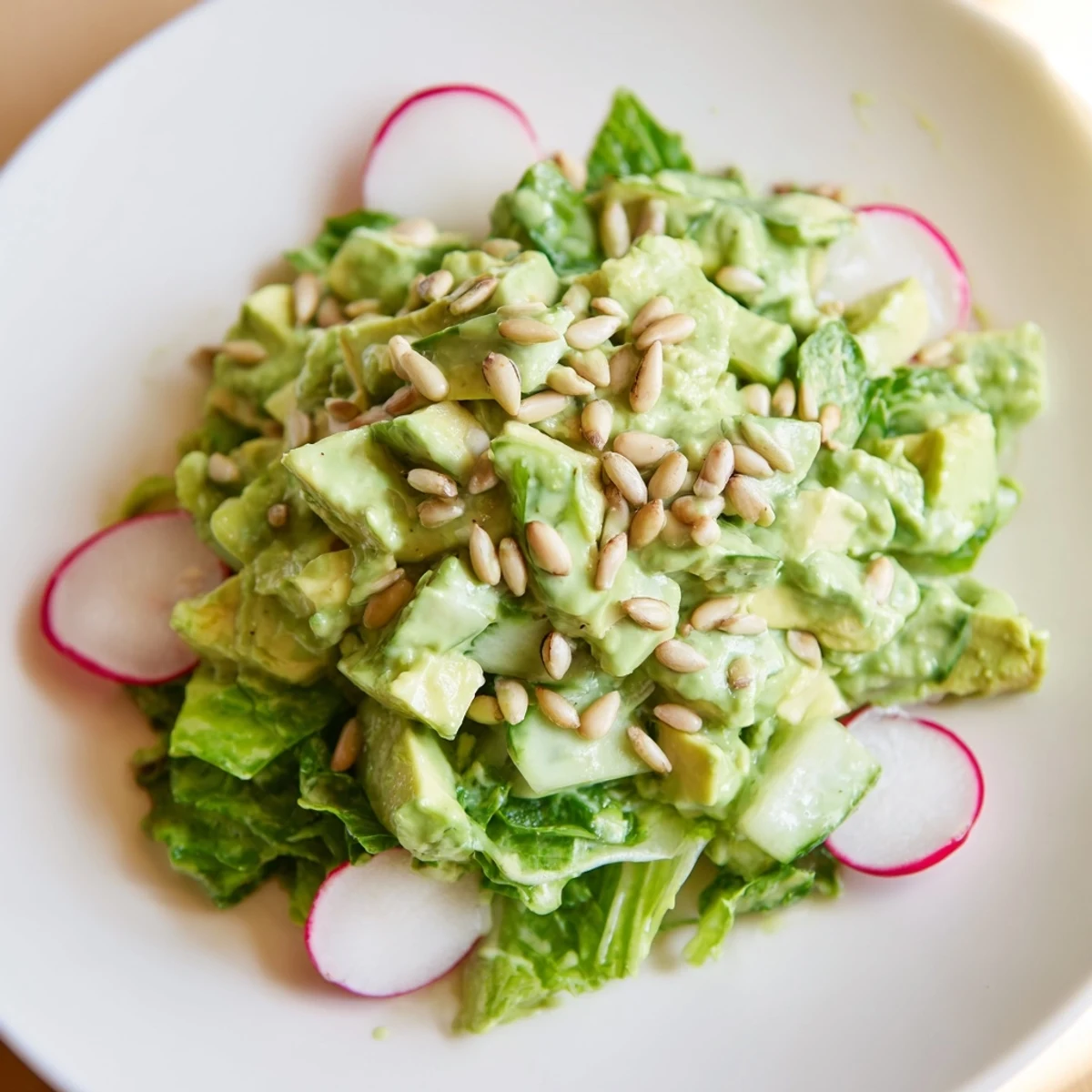 A bowl of Green Goddess Salad with Avocado and Cucumber showcases creamy avocado and crisp romaine lettuce tossed in herb dressing.
