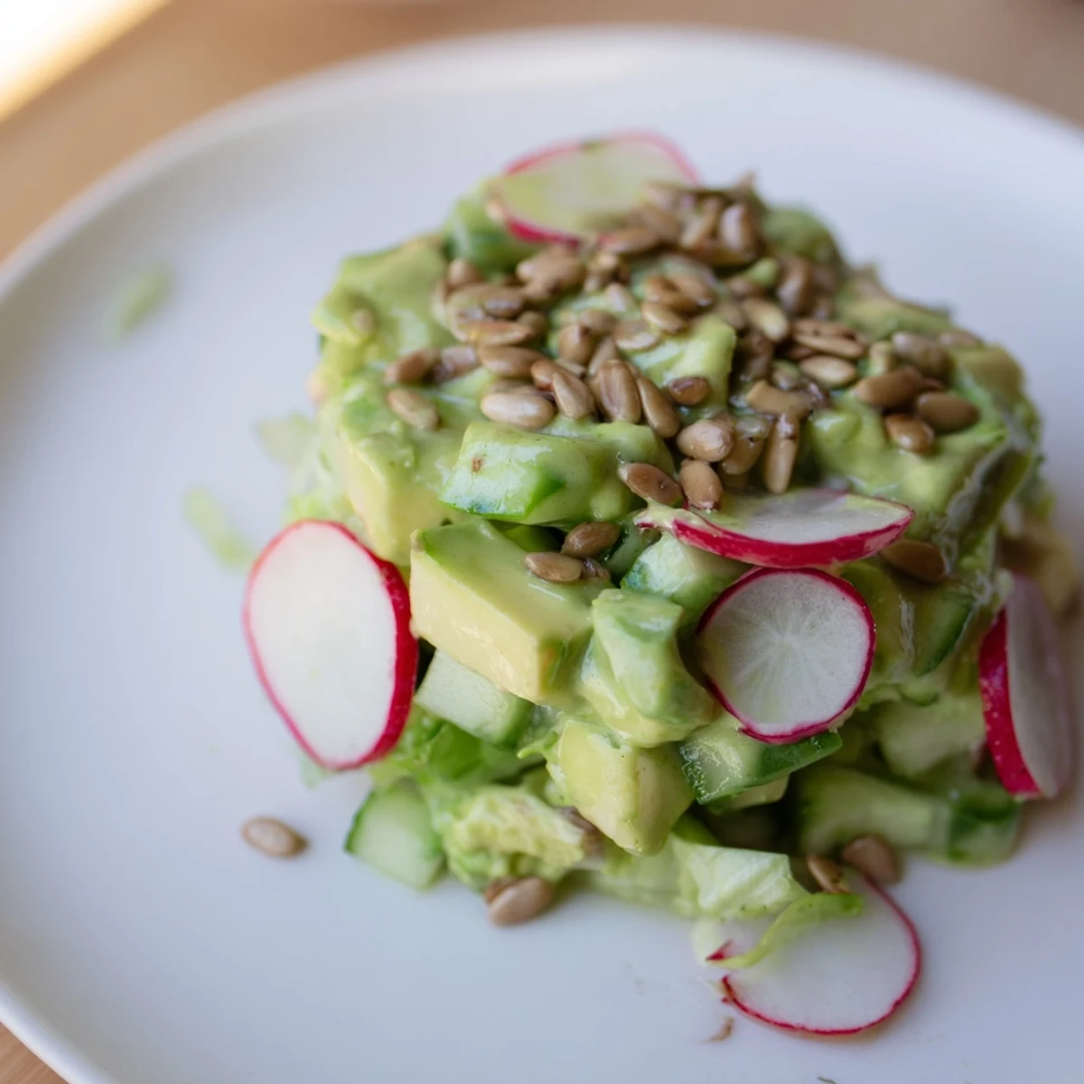 A vibrant Green Goddess Salad with Avocado and Cucumber features diced avocados, crunchy cucumber, and radishes topped with sunflower seeds.