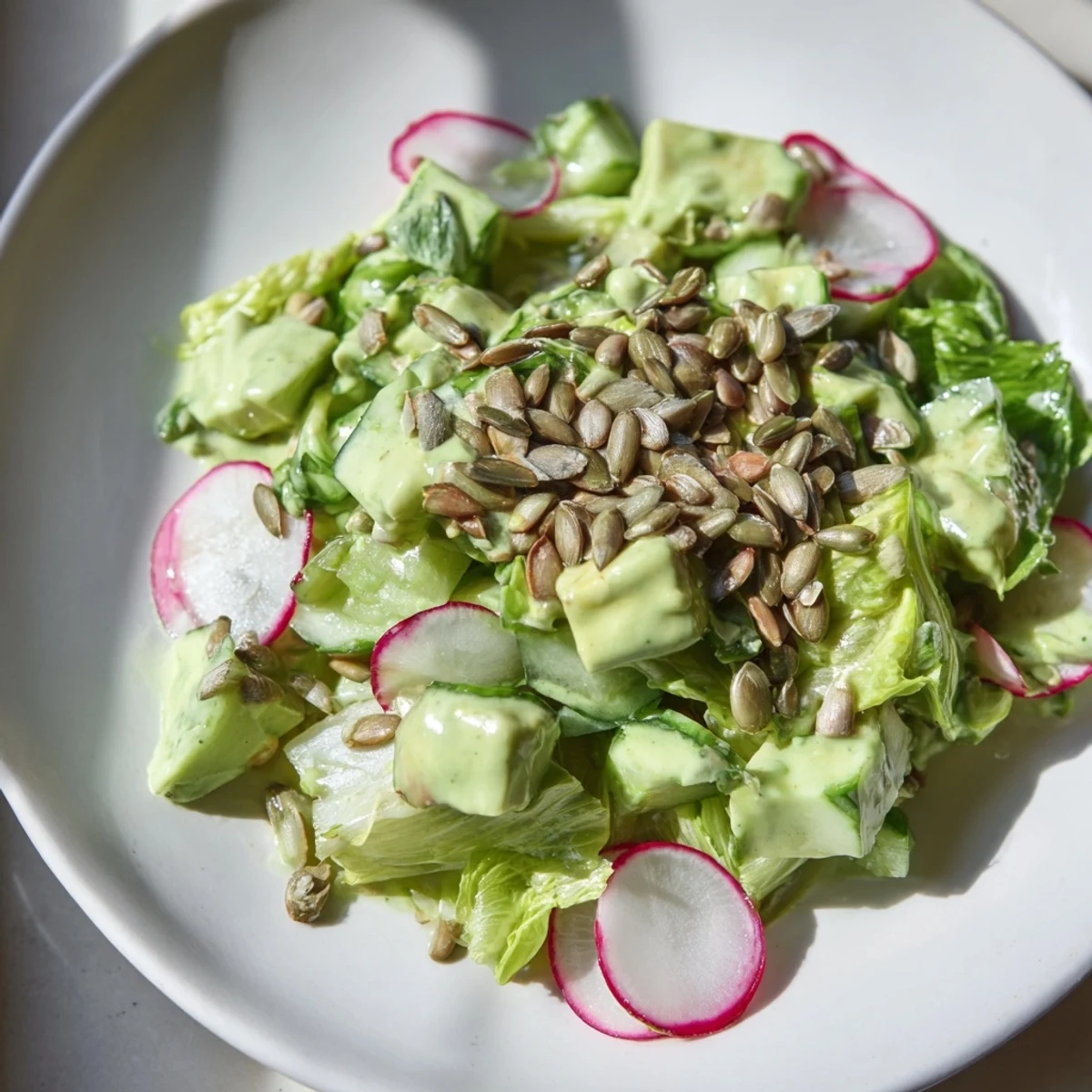 Serving a large platter of Green Goddess Salad with Avocado and Cucumber, creamy dressing coating the fresh greens and herbs.