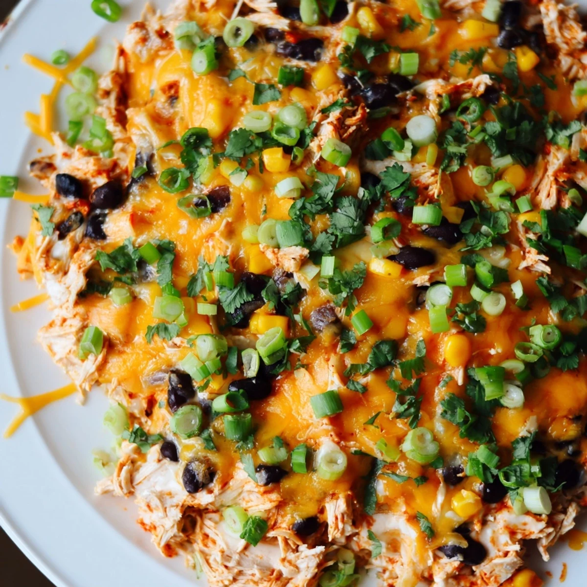 A baked Chicken Enchilada Dip topped with melted cheese, served alongside tortilla chips for dipping.