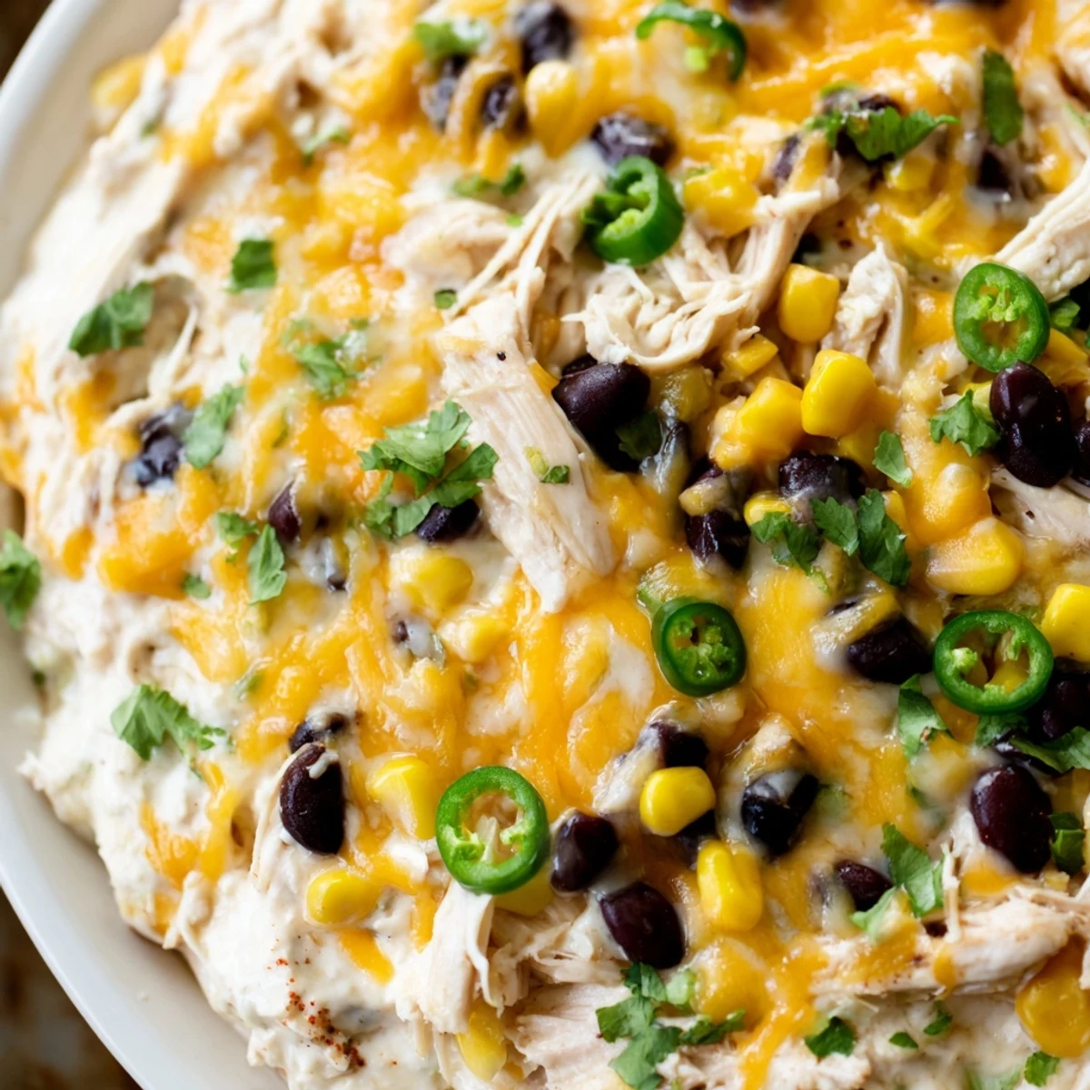Golden, bubbly Chicken Enchilada Dip with cheese in a baking dish, garnished with fresh cilantro and green onions.