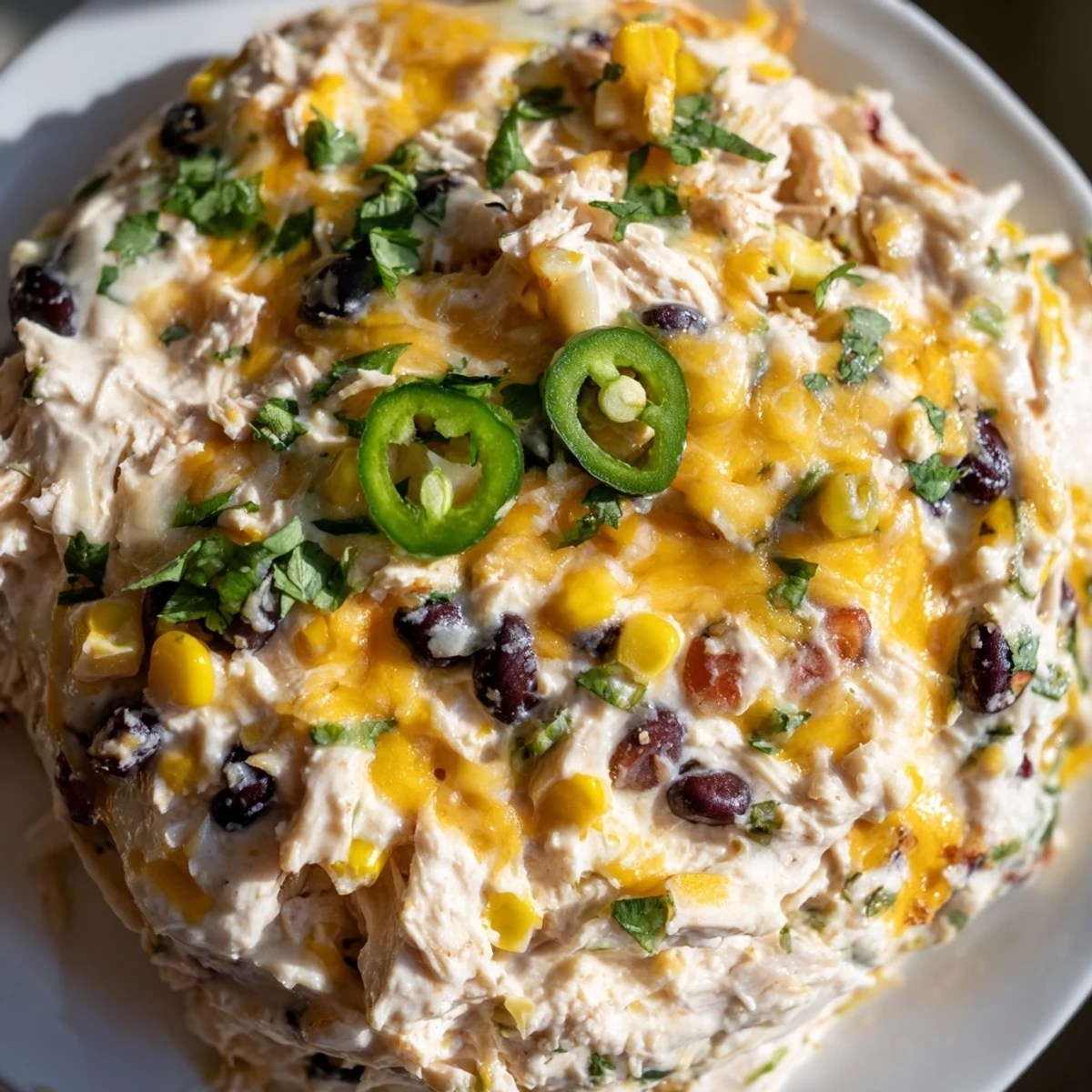 Cheesy Chicken Enchilada Dip in a dish with jalapeños, corn, and black beans, ready to serve.