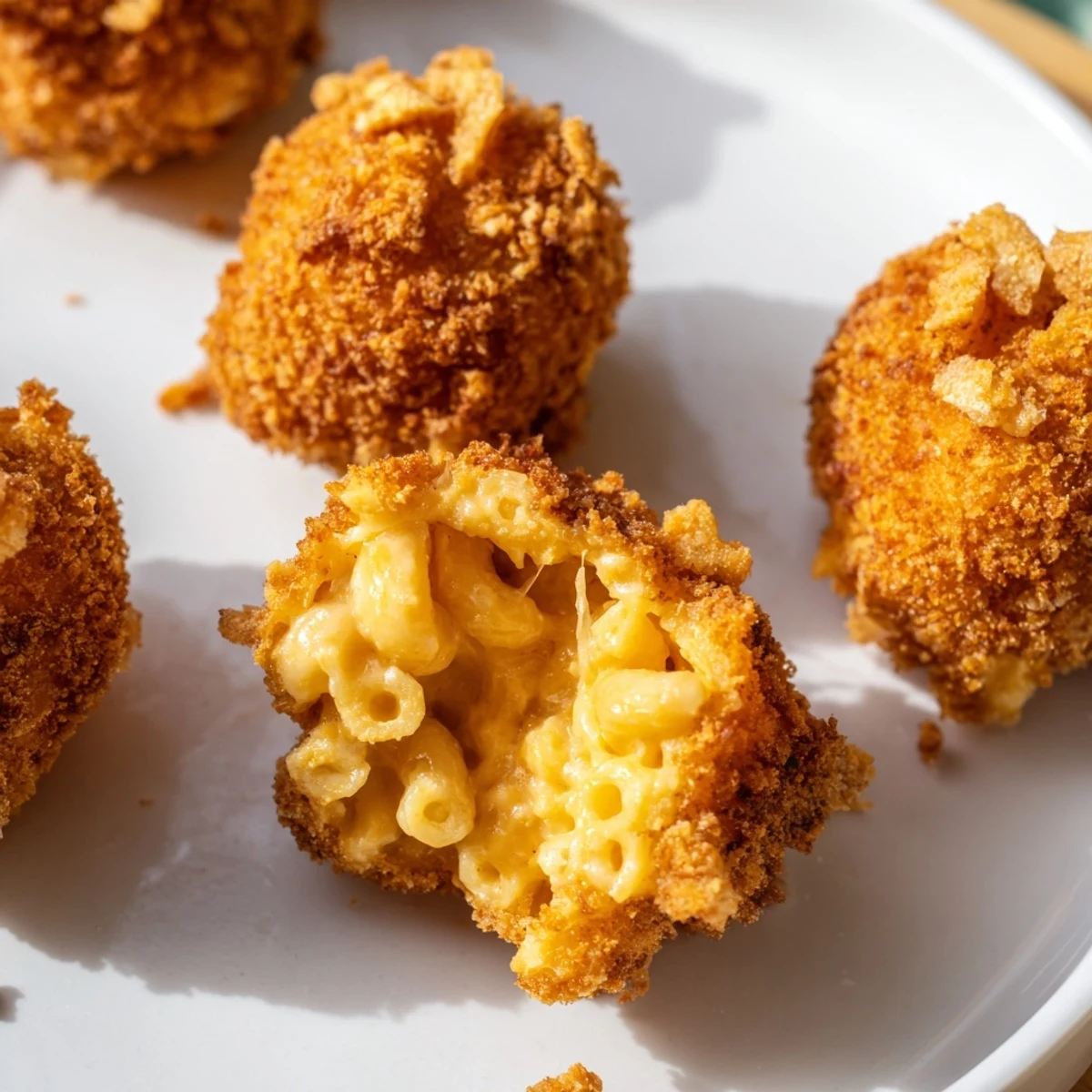 Golden-brown fried macaroni and cheese balls sit on a white plate, crispy outside with melted cheddar oozing from the bite-sized snack.