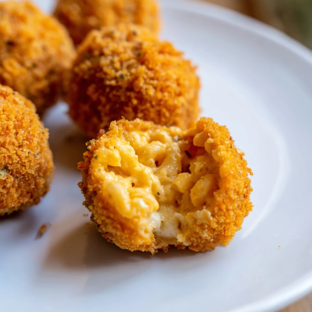 These homemade macaroni and cheese balls feature a creamy cheddar center wrapped in crunchy panko breadcrumbs, perfect for dipping in ranch.