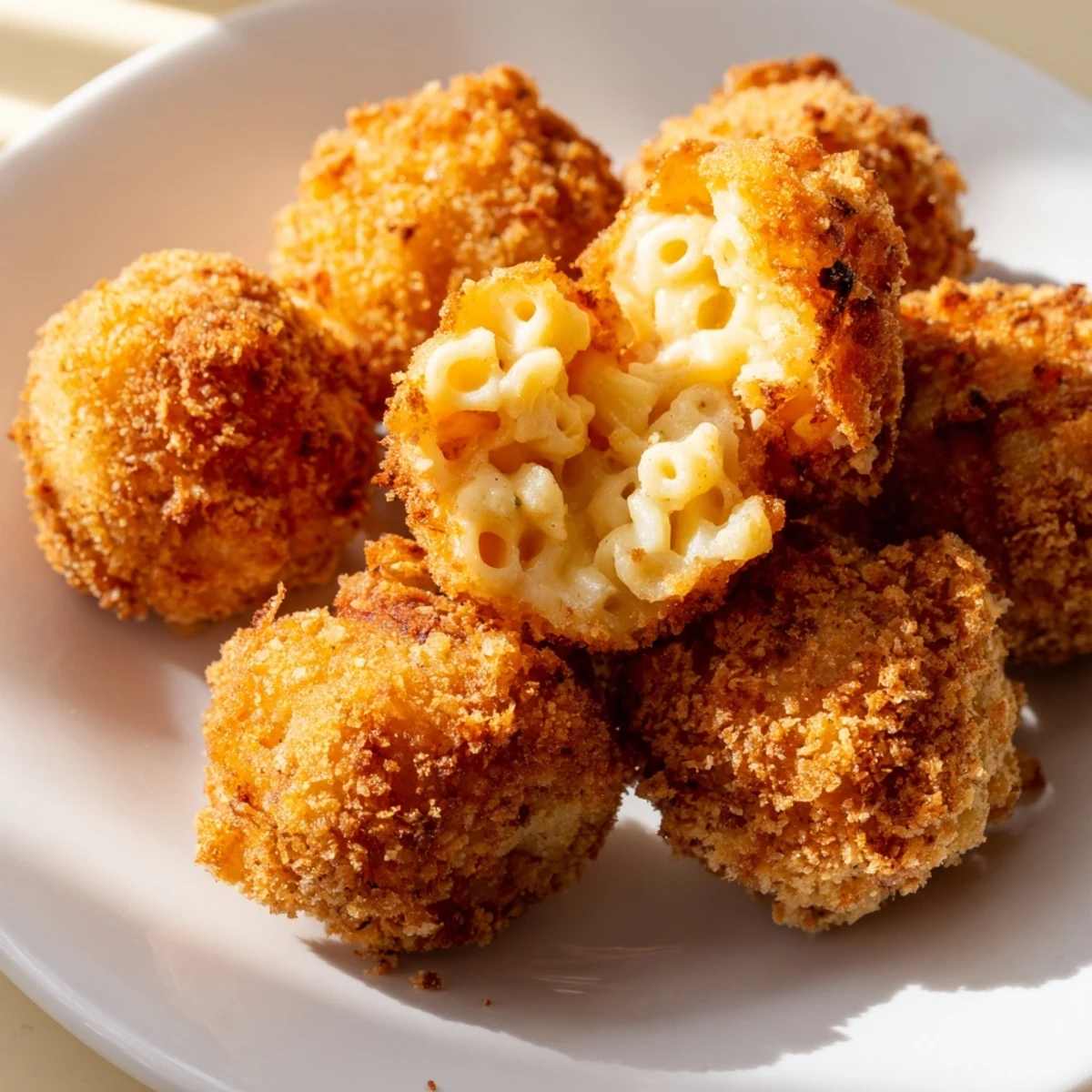 A platter of golden fried macaroni and cheese balls served with marinara sauce, ideal for game day parties or appetizers.