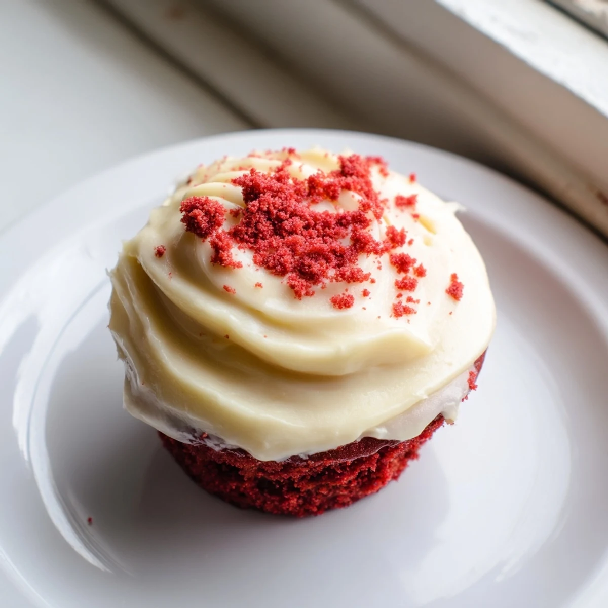 Freshly baked Red Velvet Cupcakes with Cream Cheese Frosting arranged on a white plate, their velvety crumb and rich red hue beautifully complemented by swirls of tangy frosting.