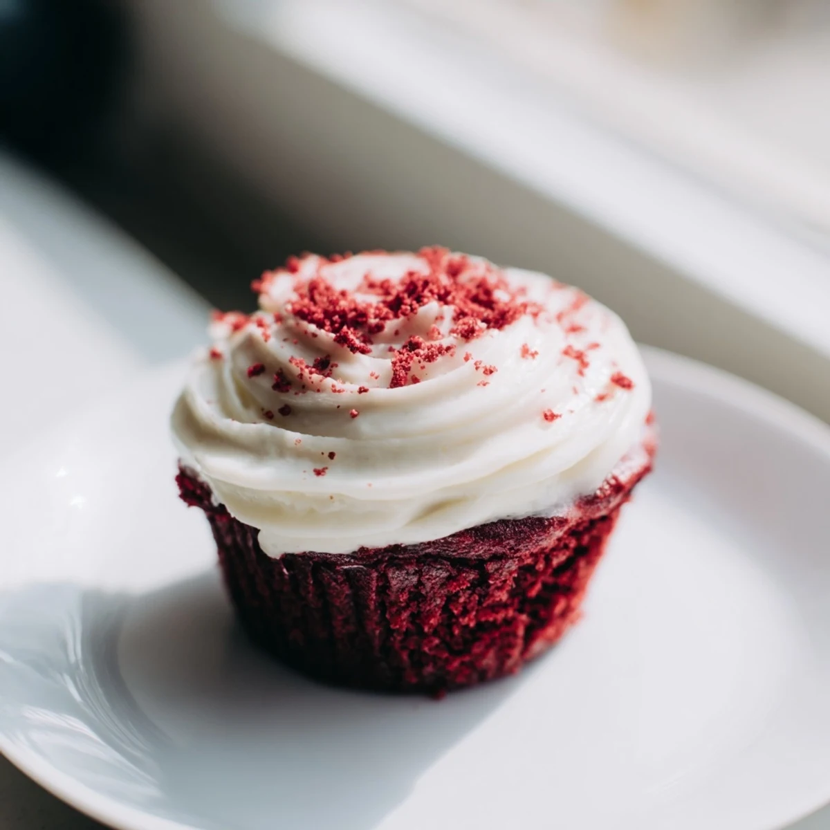 Close-up of Red Velvet Cupcakes with Cream Cheese Frosting, highlighting glossy frosting swirls and subtle cake crumbs, ideal for Valentine's Day or holiday gatherings.