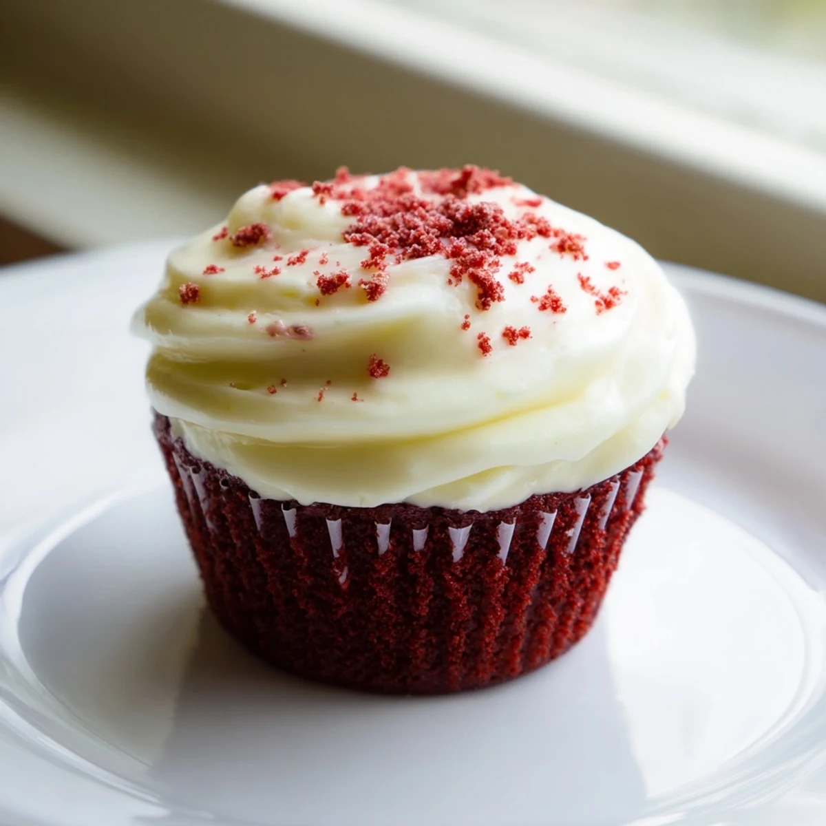 A single Red Velvet Cupcake with Cream Cheese Frosting showcases a moist, tender interior and smooth, tangy frosting, perfect for a celebratory dessert platter.