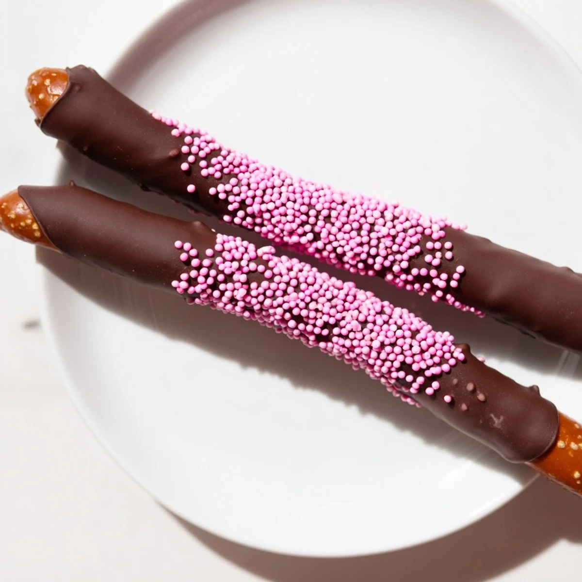 Close-up of a chocolate dipped pretzel rod topped with pink sprinkles against a rustic wooden background.