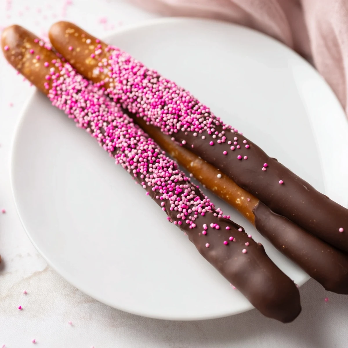 A stack of chocolate dipped pretzels with pink sprinkles arranged on a white plate, ready for a party.