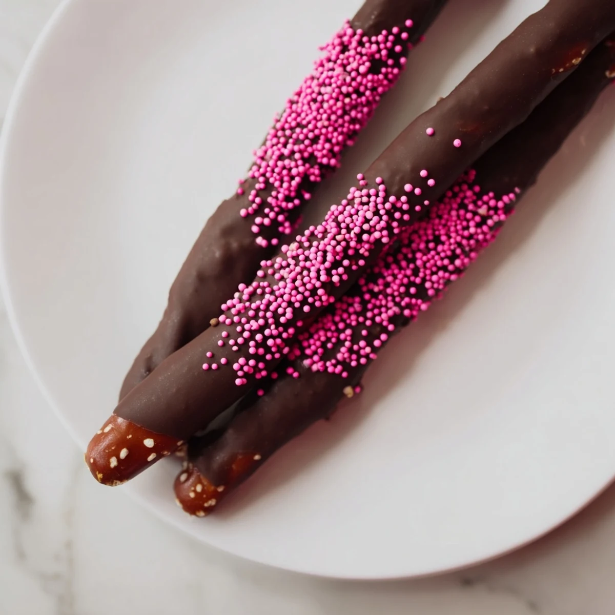 Chocolate dipped pretzels with pink sprinkles piled in a glass jar for a festive dessert display.