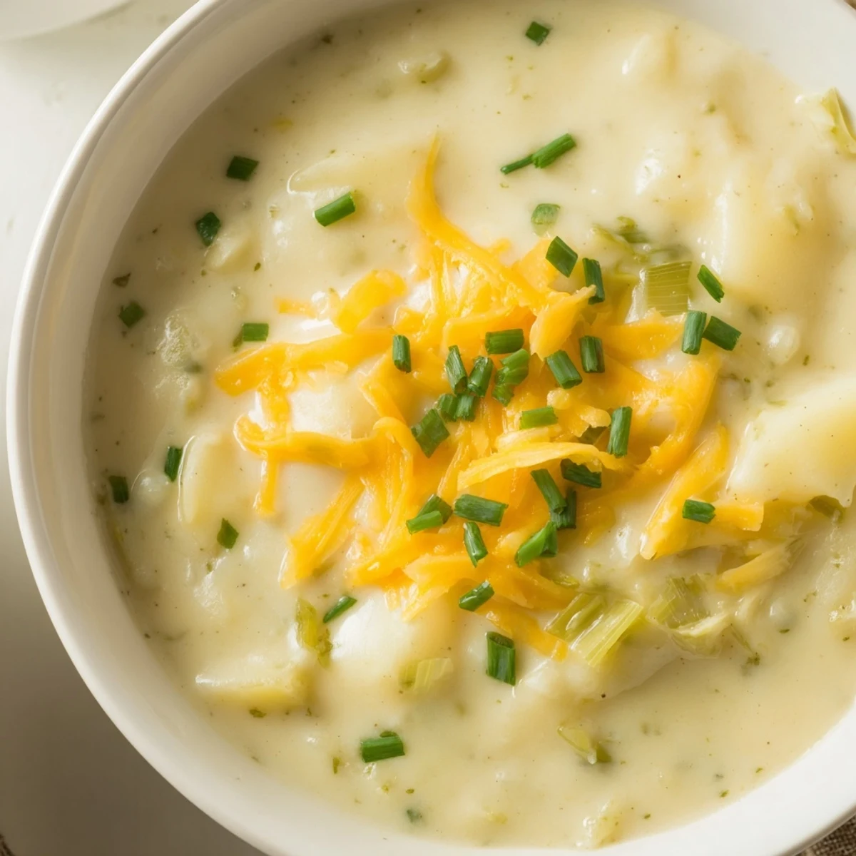 Creamy Irish Potato Leek Soup with Cheddar served hot in a rustic bowl, garnished with fresh chives and extra sharp cheddar.