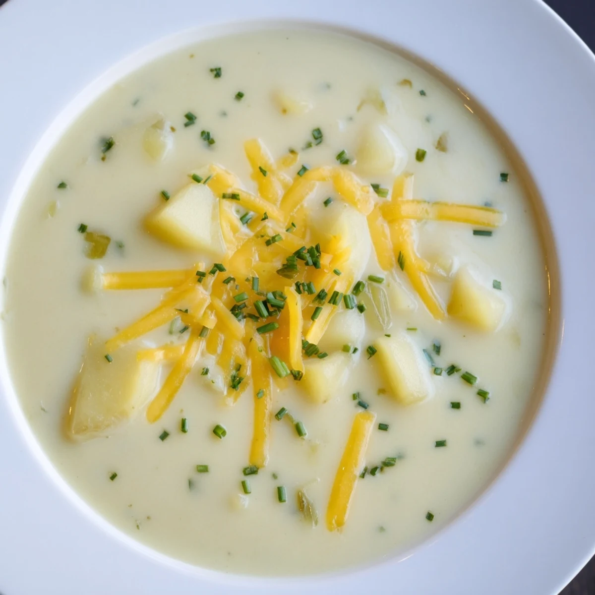 A steaming pot of Irish Potato Leek Soup with Cheddar, featuring tender potatoes and sautéed leeks in a rich, velvety broth.