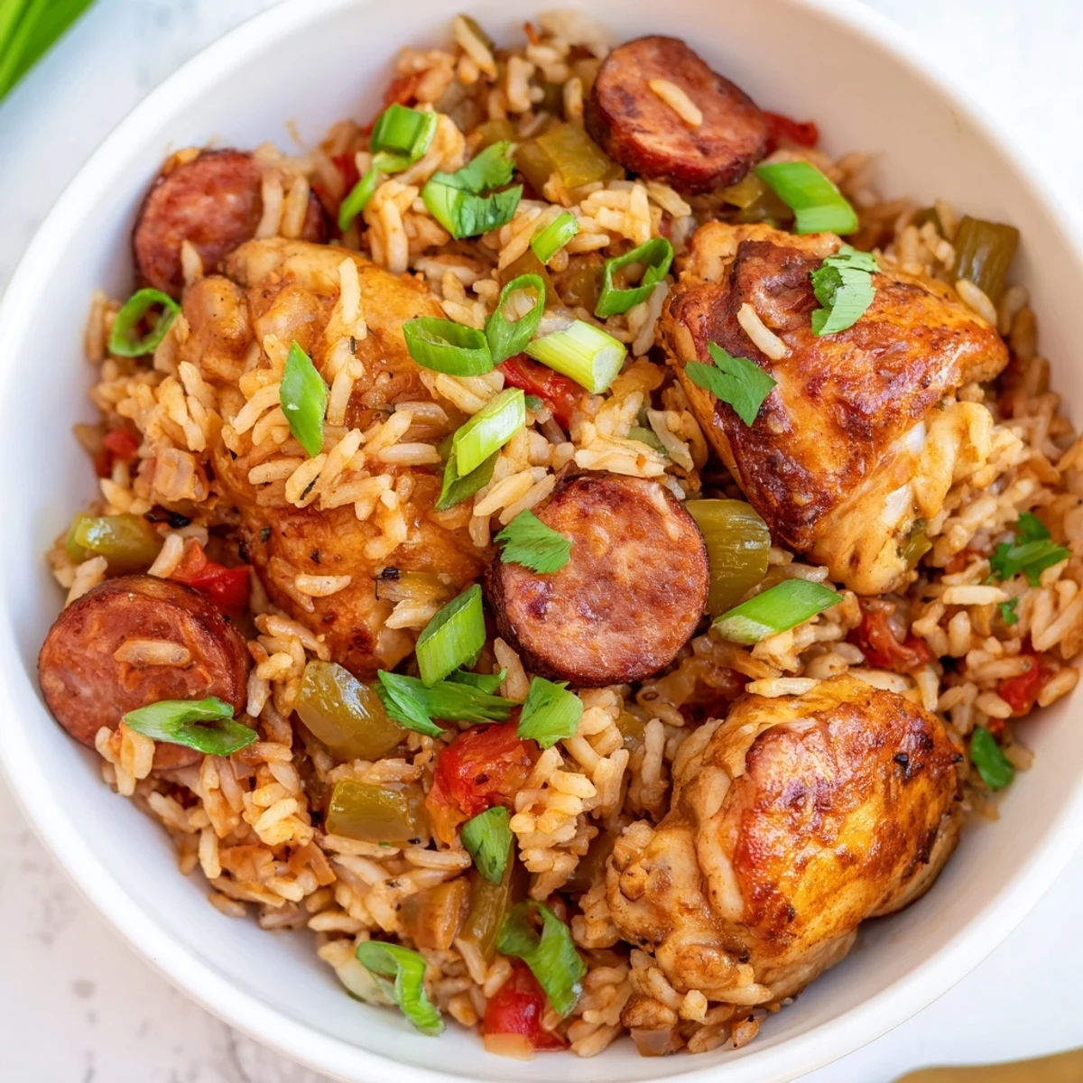 Vibrant Jambalaya with Chicken and Beef Sausage steaming in a Dutch oven, garnished with fresh parsley and lemon wedges.