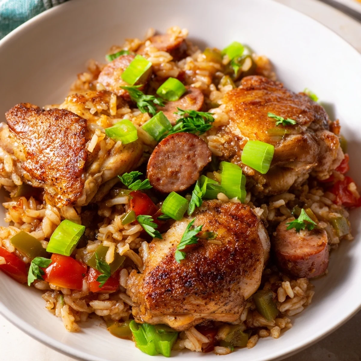 Close-up of hearty Jambalaya with Chicken and Beef Sausage, showcasing tender meat, colorful peppers, and fluffy seasoned rice.