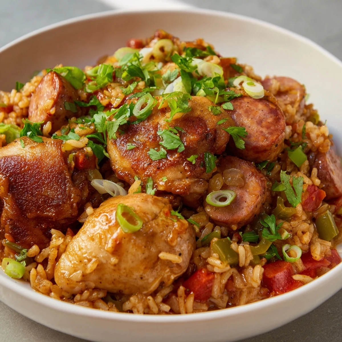 A rustic skillet of Creole Jambalaya with Chicken and Beef Sausage, perfect for a hearty weeknight dinner.