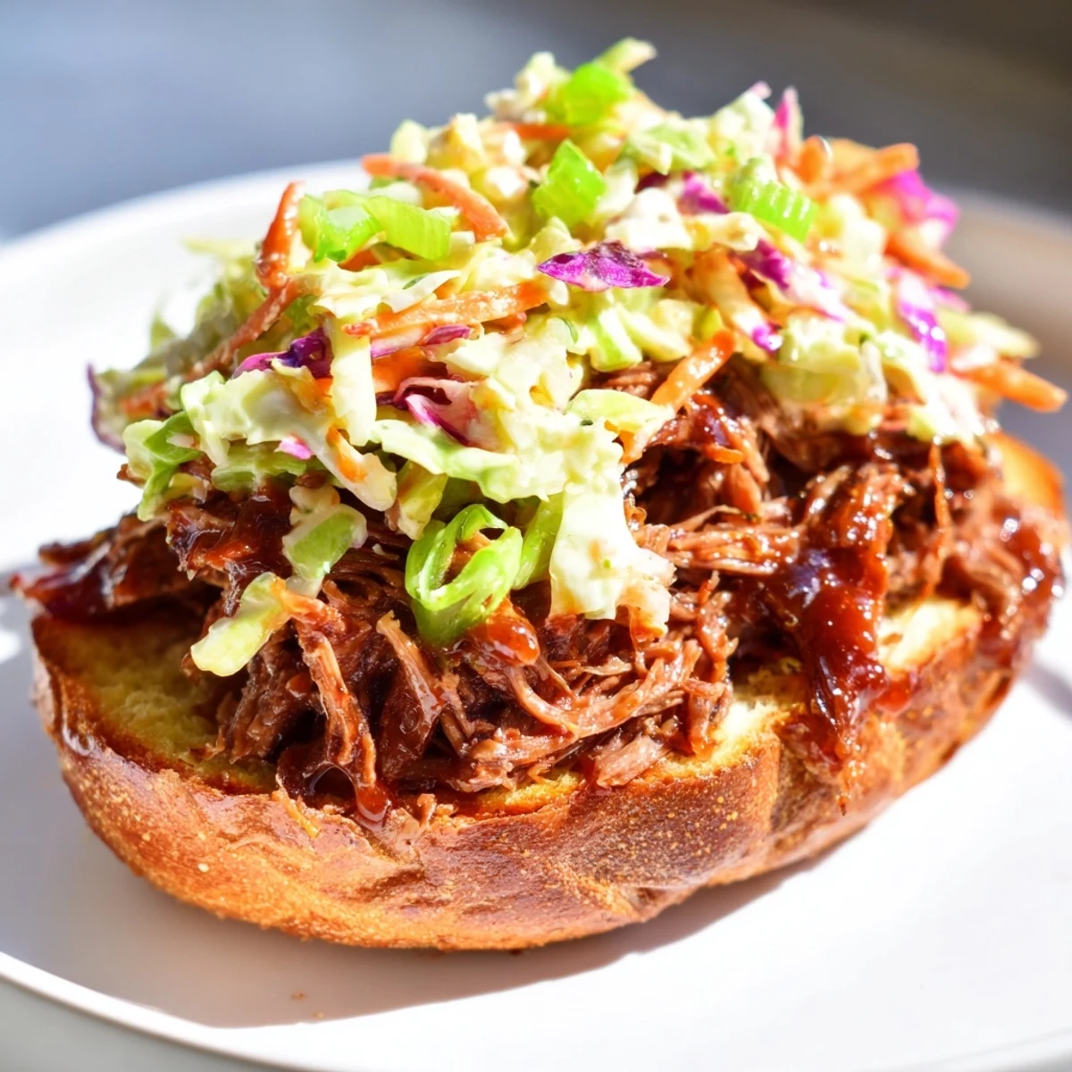 Golden-brown Slow Roasted Pulled Beef Sandwiches on toasted brioche buns, topped with creamy coleslaw.