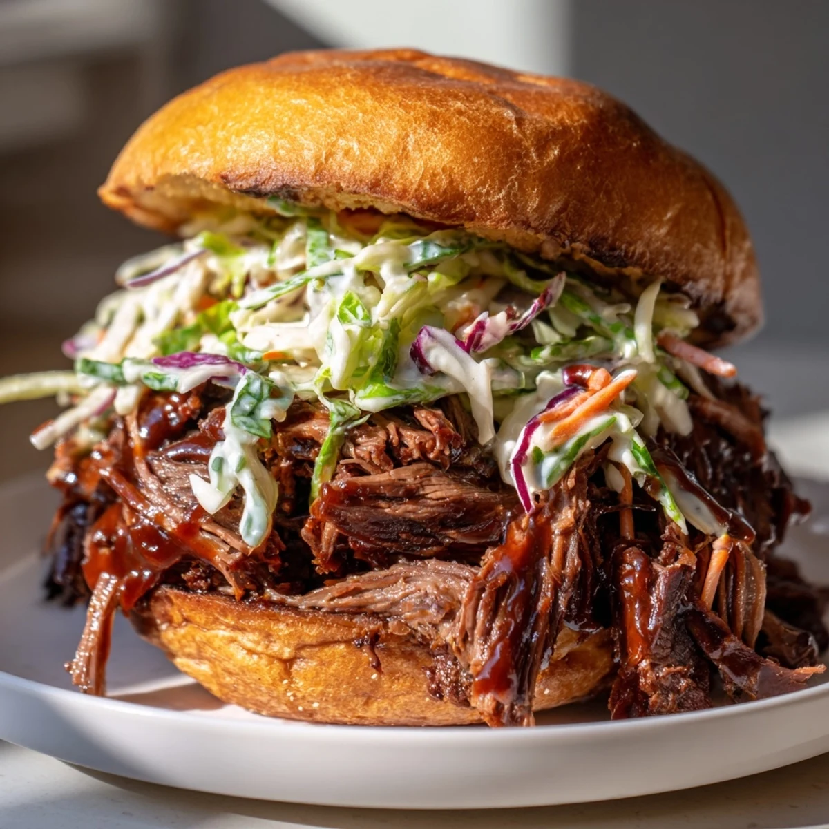 Mouthwatering Slow Roasted Pulled Beef Sandwiches with smoky sauce, nestled in soft toasted buns.