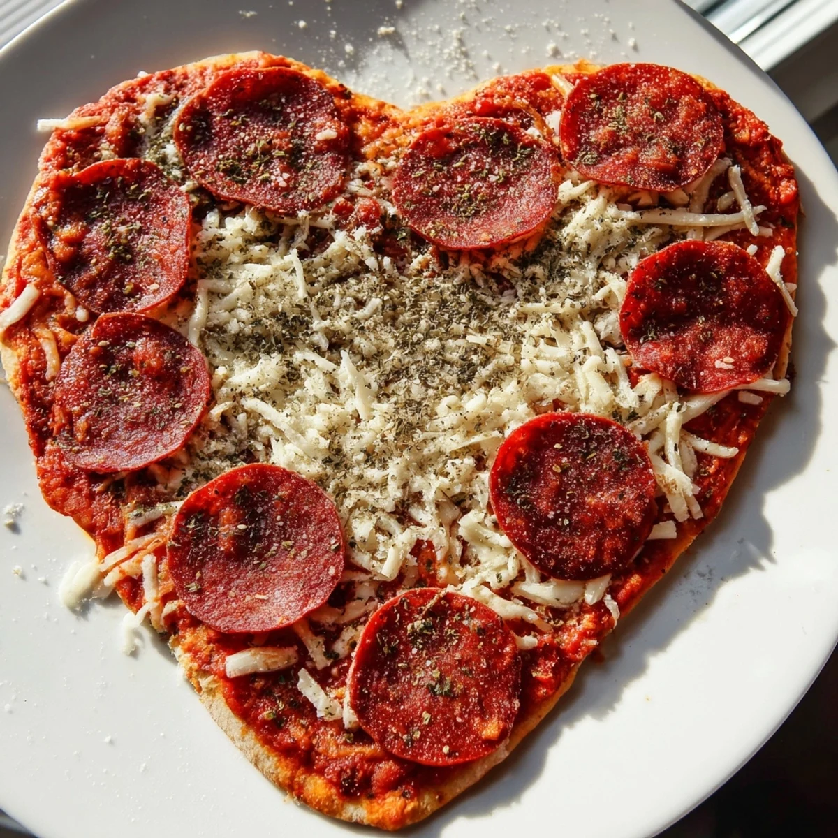 Slice of Heart Shaped Pepperoni Pizza being lifted, revealing melted cheese and savory beef pepperoni against a cozy dinner setting.