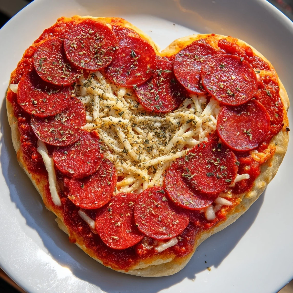 Heart Shaped Pepperoni Pizza on a rustic wooden table, with golden crust, bubbling mozzarella, and fresh basil garnish.