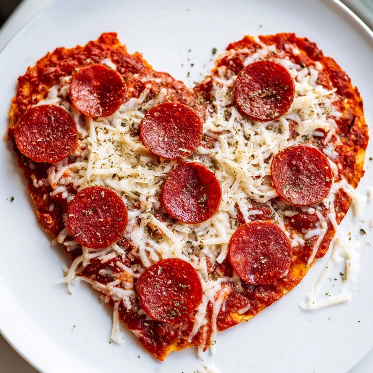 Close up of Heart Shaped Pepperoni Pizza on a marble board, topped with fresh basil leaves and a light dusting of Parmesan.