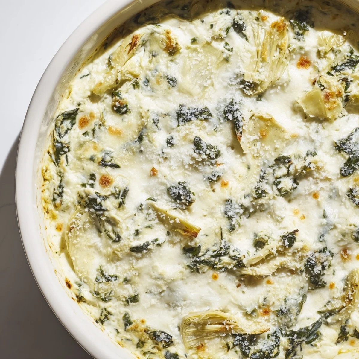 Golden-brown Spinach and Artichoke Dip bubbles in a rustic baking dish, garnished with fresh herbs and ready for tortilla chips.  