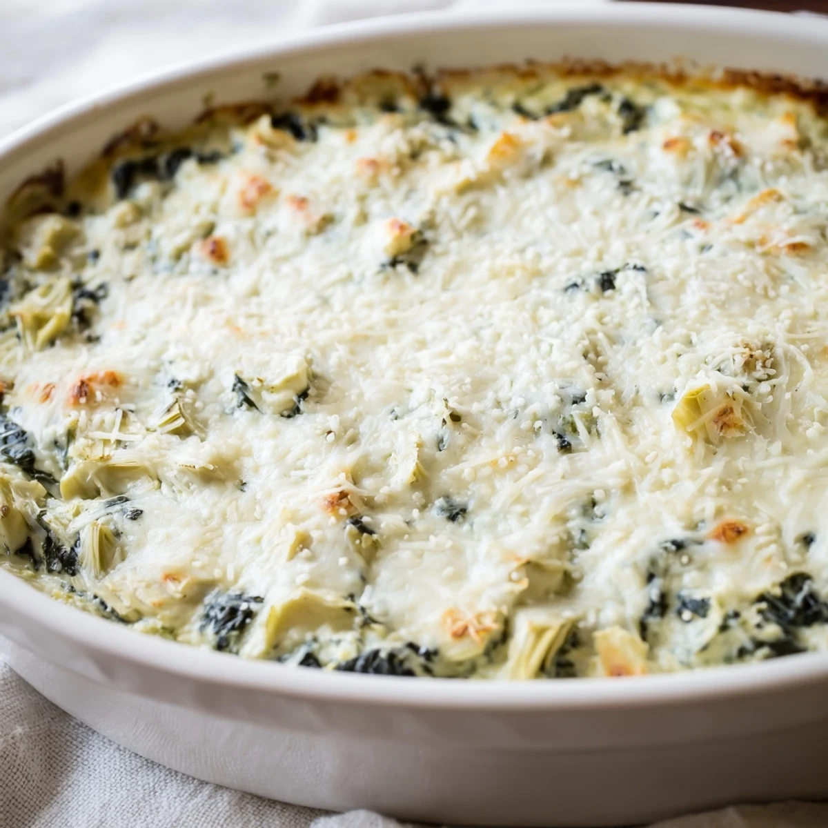 Creamy baked Spinach and Artichoke Dip served warm in a ceramic dish, paired with crusty baguette slices for dipping.  
