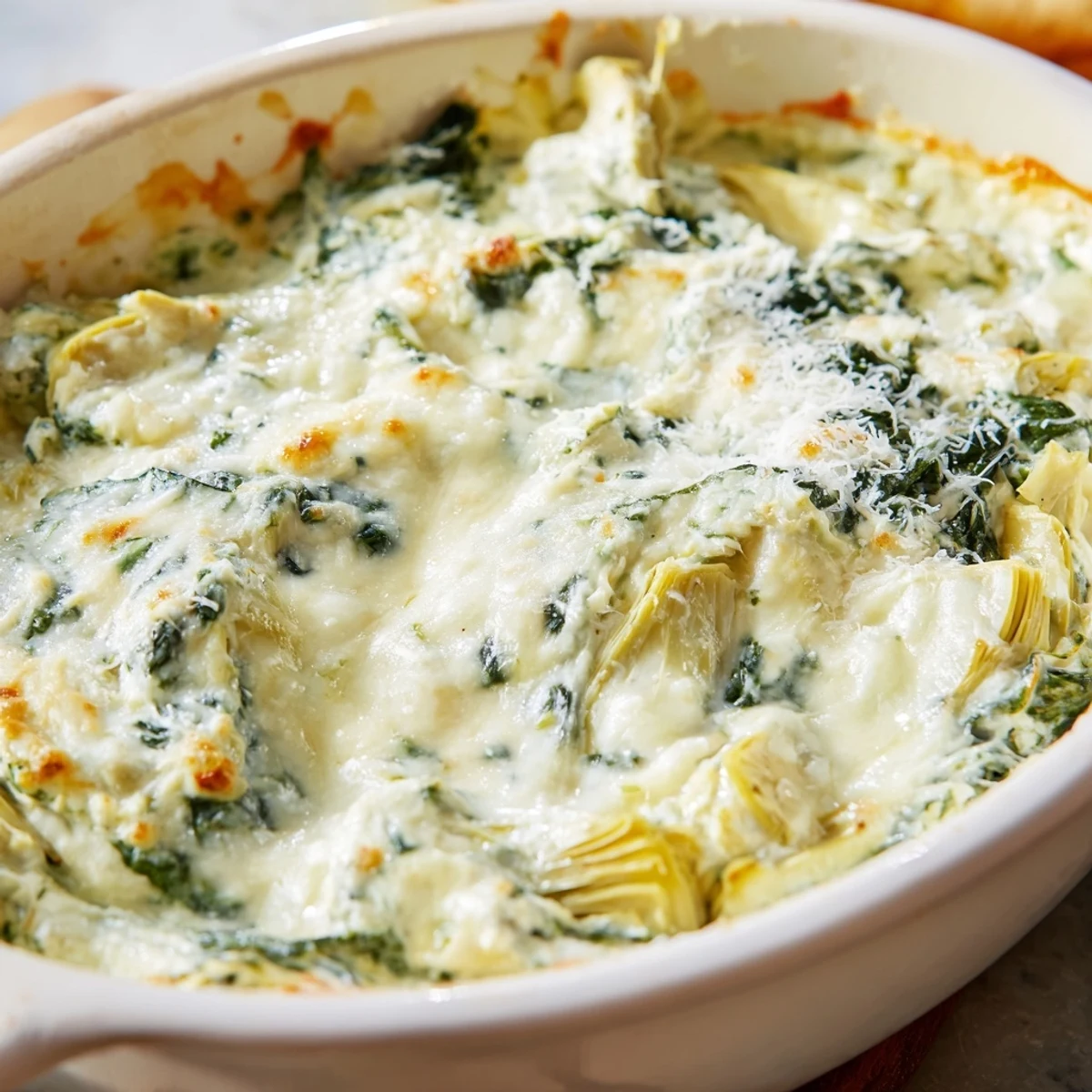 A close-up of Spinach and Artichoke Dip showcasing melted cheese, tender spinach, and artichoke hearts, perfect for game day.
