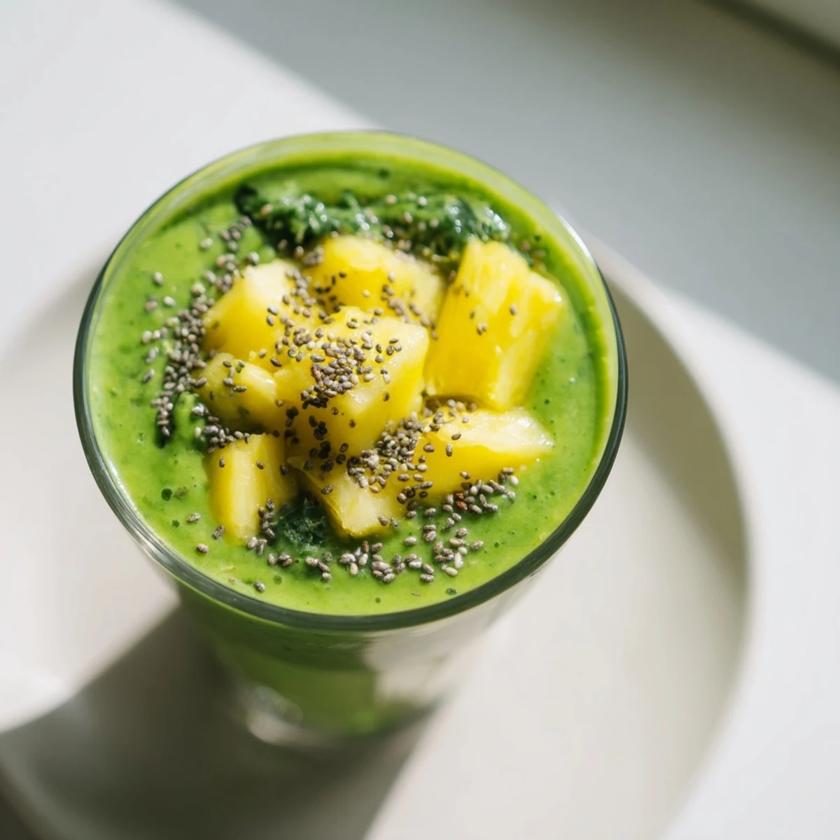 Bright green smoothie with kale and pineapple in a tall glass, topped with a fresh pineapple slice and chia seeds.  